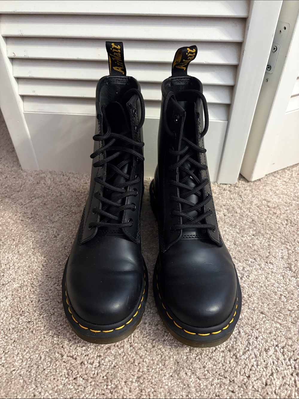 Dr. Martens Black Leather Combat Boots with Yellow Stitching